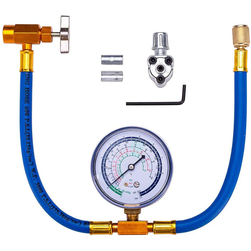 Piercing Valve with R134a Charging Hose Can Tap with Gauge Recharging Hose Kit Connect Can of R134a, R-12/R-22 Refrigerant Port
